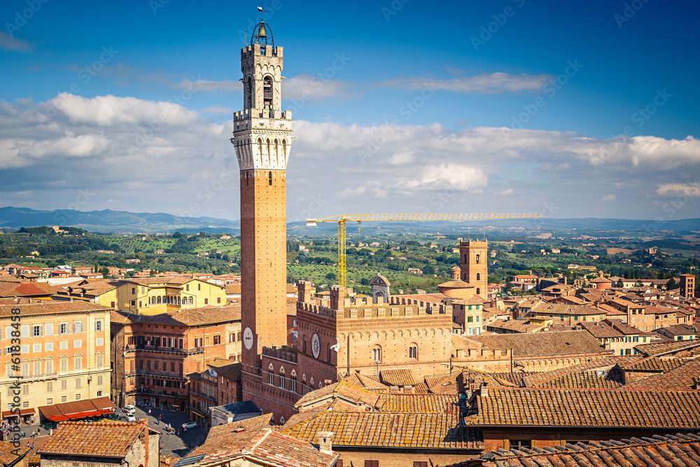 Aerial view over Siena: Mangia tower