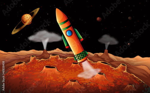 An orange rocket in the outerspace