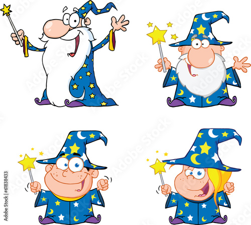 Happy Wizards Cartoon Characters. Set Collection