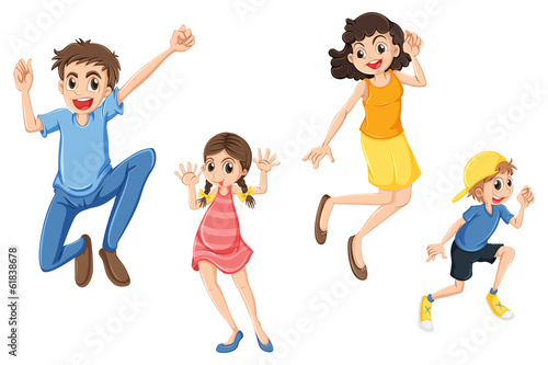 A happy family jumping
