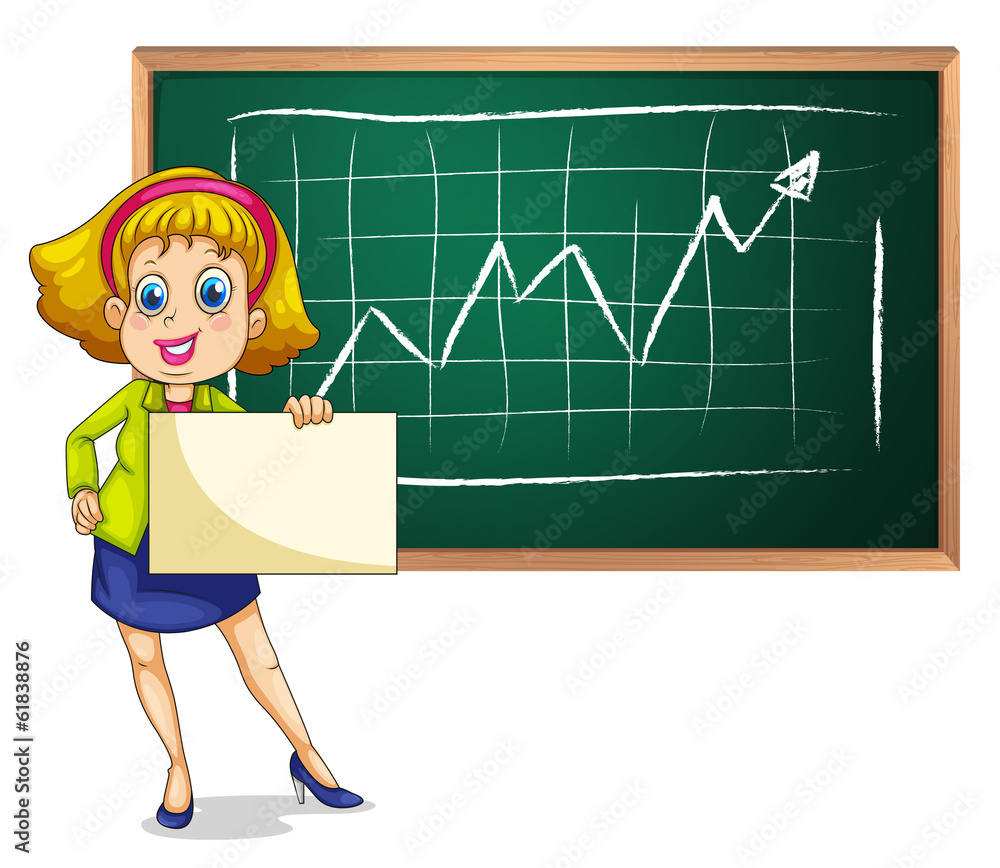 A businesswoman standing in front of the blackboard with an empt A businesswoman standing in front of the blackboard with an empt