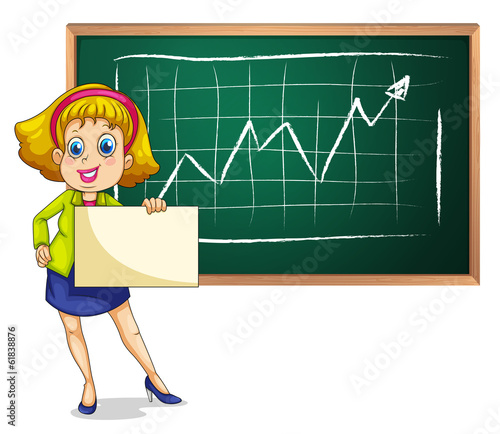 A businesswoman standing in front of the blackboard with an empt