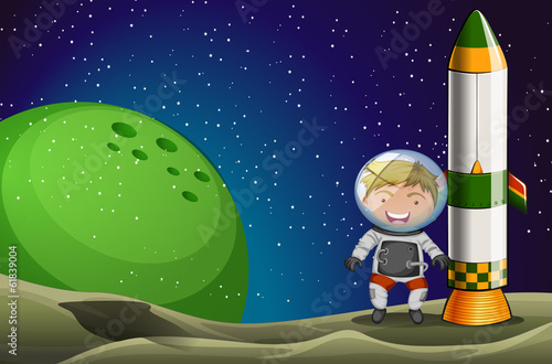 A man in the space standing beside the rocket
