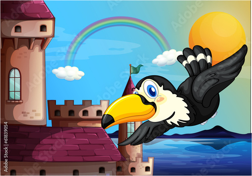A bird near the castle with a rainbow in the sky