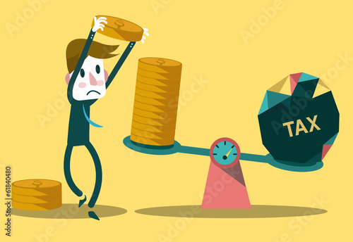 Businessman use coins balancing with TAX on scales.