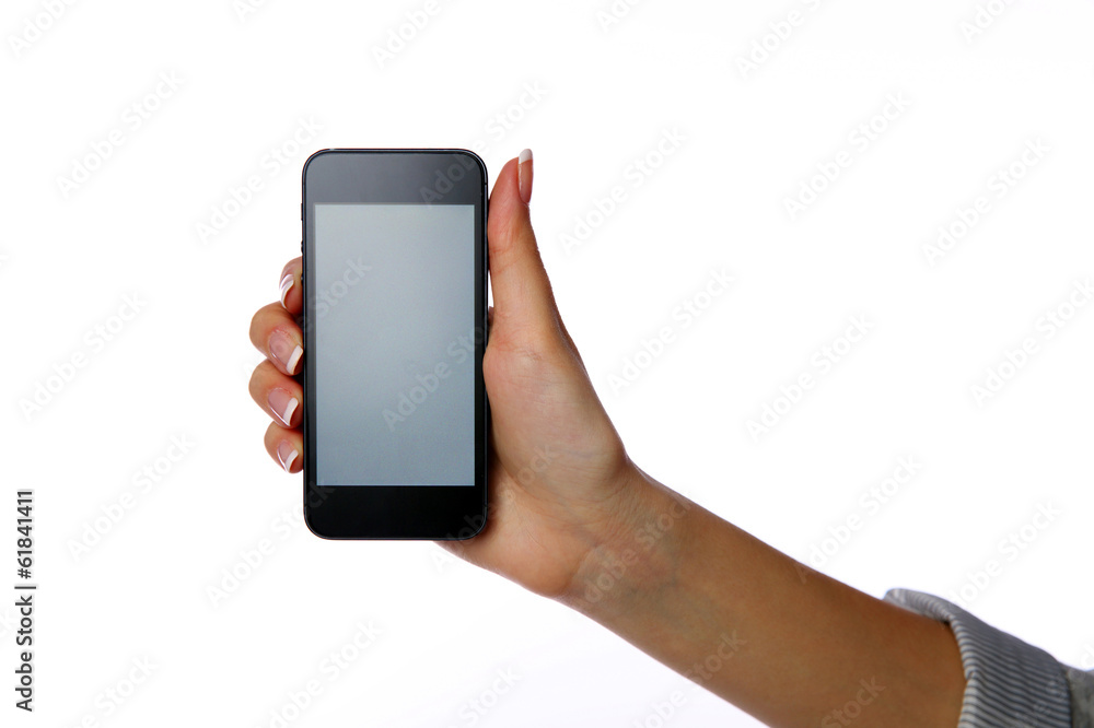 Closeup portrait of a female hand holding smartphone Closeup portrait of a female hand holding smartphone