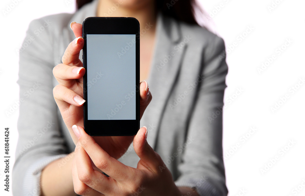 Businesswoman showing smartphone screen Businesswoman showing smartphone screen