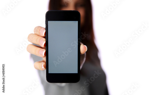 Wallpaper Mural Woman showing smartphone screen isolated on white background Torontodigital.ca