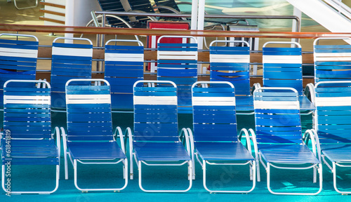 Blue and White Vinyl Chaise Lounges on Cruise Ship Deck