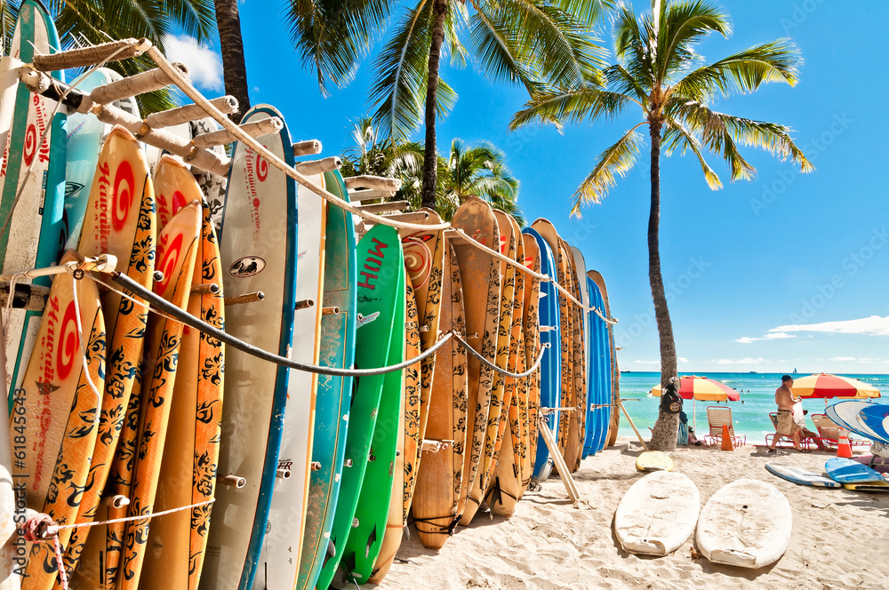 Fotografering, Billede Surfboards in the rack at Waikiki Beach - Honolulu  på Europosters.dk