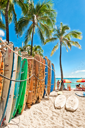 Surfboards in the rack at Waikiki Beach