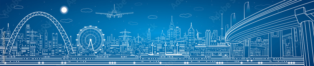 Plakat Przemysłowa panorama, technologii nocy krajobrazowy miasto