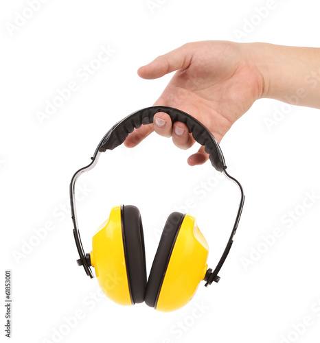 Εκτύπωση καμβά Hands holds working protective headphones.