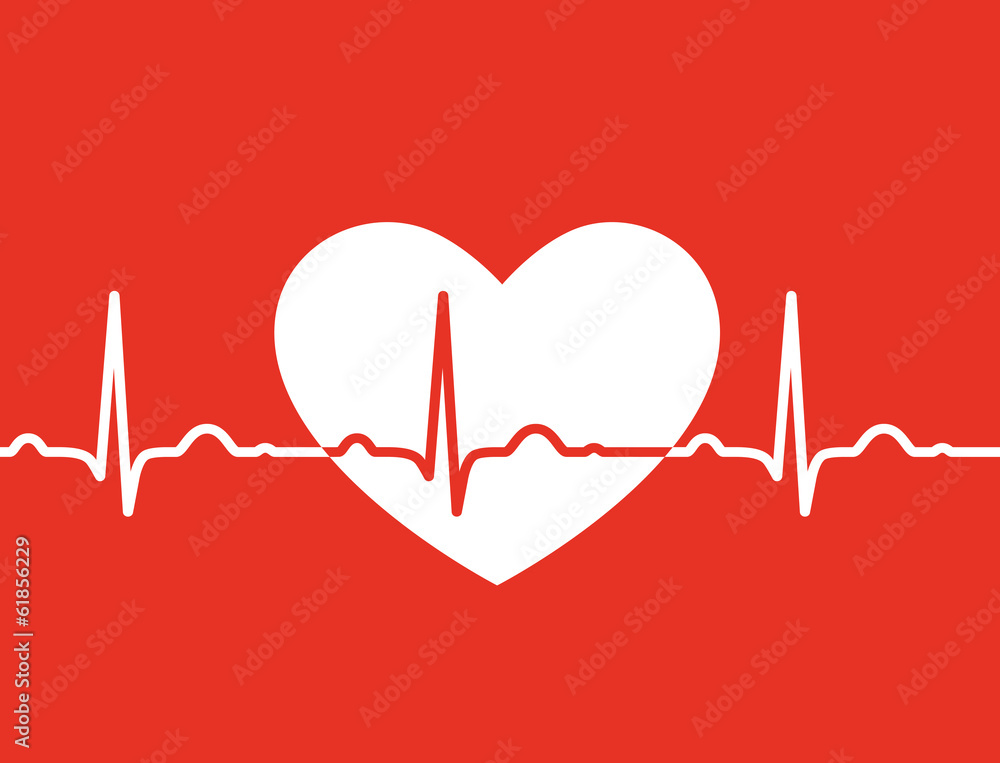 White heart with ekg symbol on red background - medical design - obrazy, fototapety, plakaty 