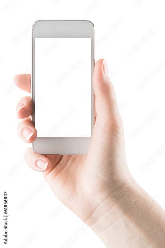 Hand holding smartphone with blank screen isolated Hand holding smartphone with blank screen isolated