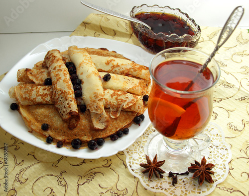 Photography Pancakes with a glass of tea