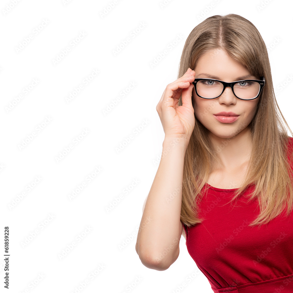 Optician woman touching her eyeglasses isolated on white