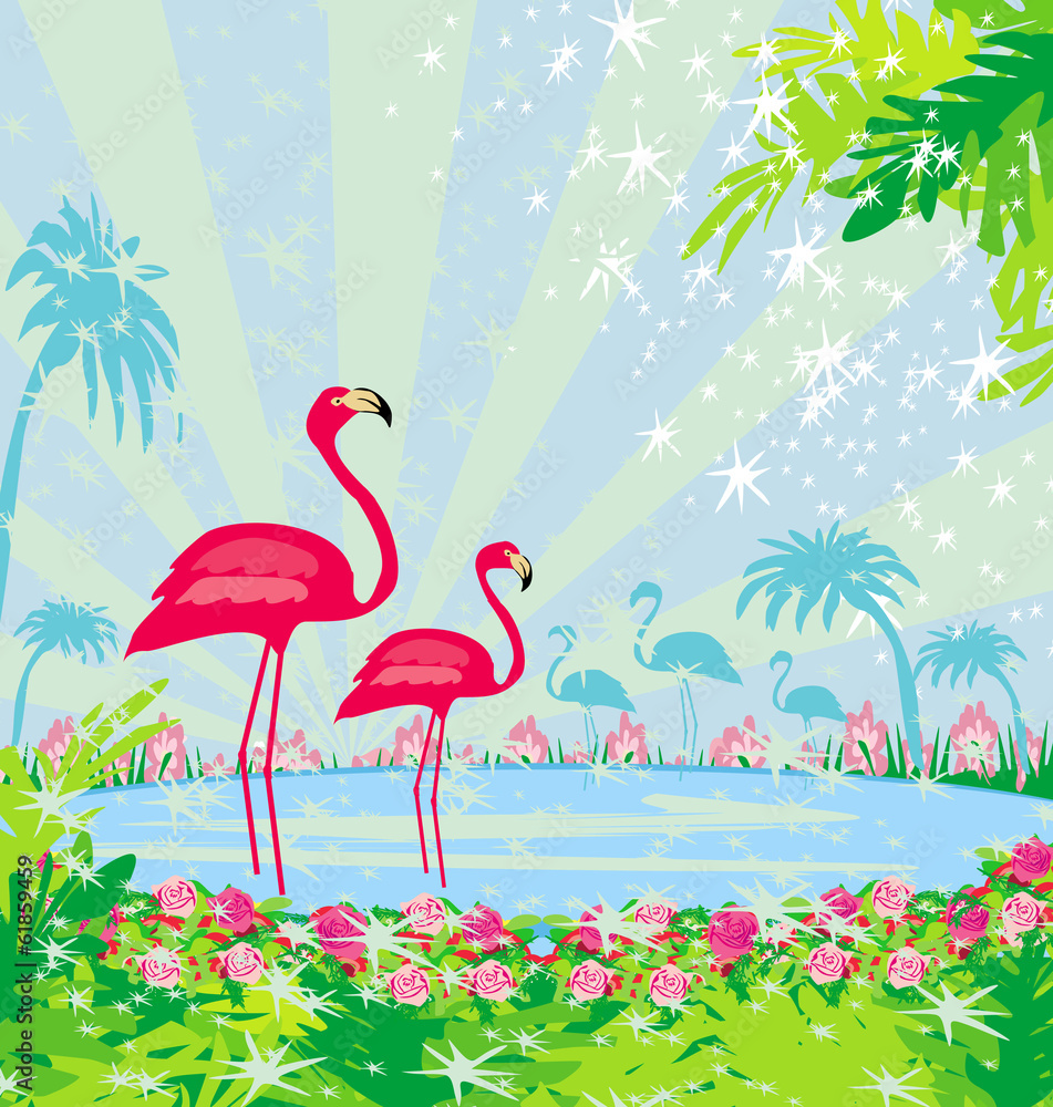 Obraz premium illustration with green palms and pink flamingo