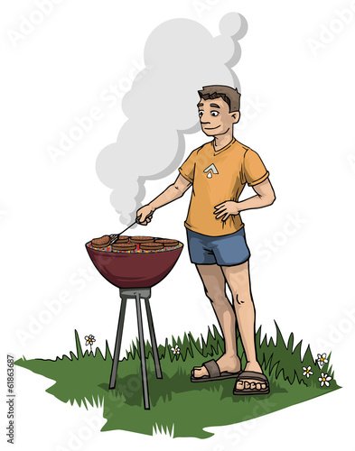 Man with a barbecue grill, making burgers