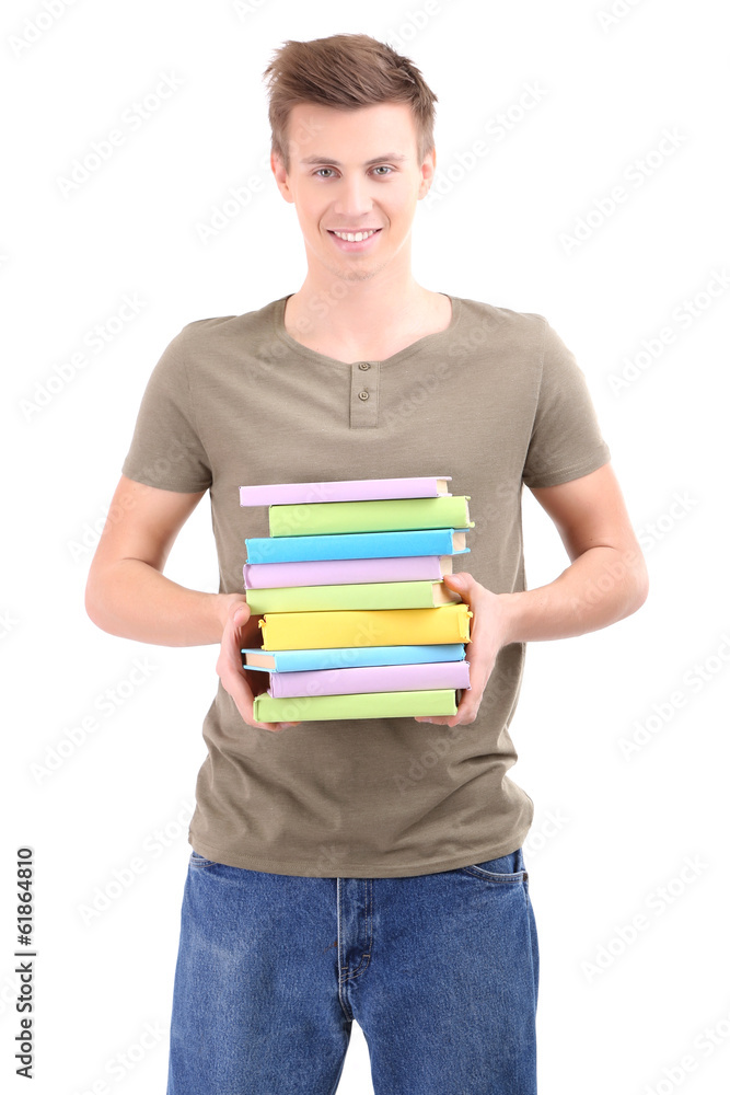 Handsome young man with books, isolated on white Handsome young man with books, isolated on white