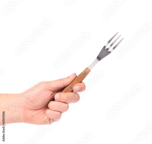 Close up of kitchen fork in hand. © indigolotos
