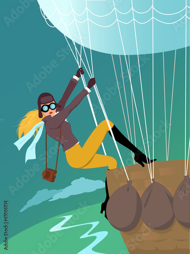Woman climbing hot air balloon, vintage style illustration