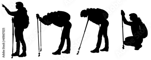 Vector silhouettes of people with trekking stick.