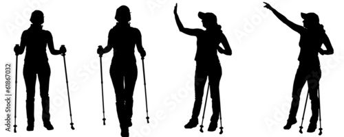 Vector silhouettes of people with trekking stick.