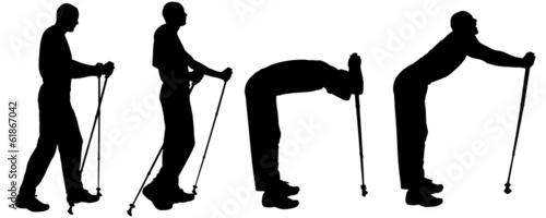 Vector silhouettes of people with trekking stick.