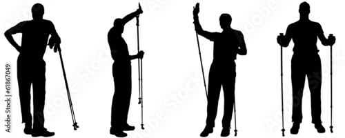 Vector silhouettes of people with trekking stick.
