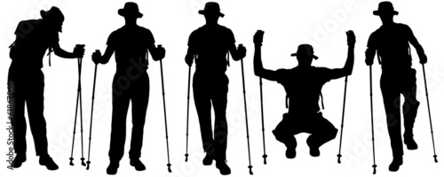 Vector silhouettes of people with trekking stick.