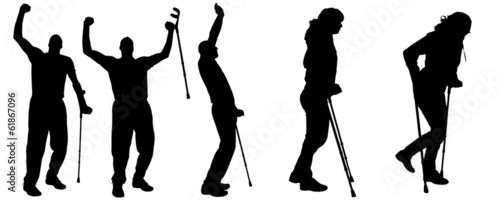 Vector silhouettes of people with crutches.