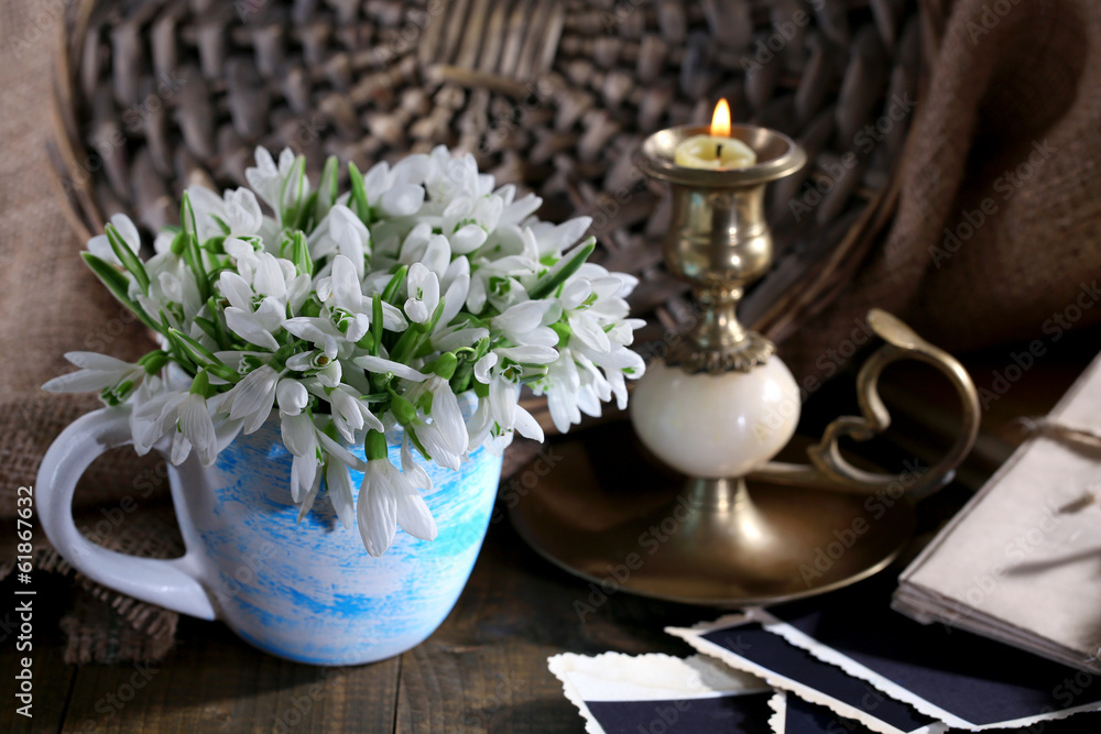 Composition with beautiful snowdrops in vase, candle, old