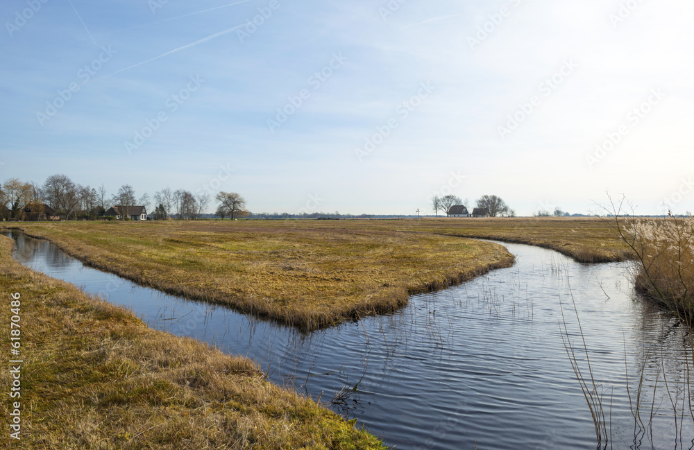 Houses along a river through wetland in winter Houses along a river through wetland in winter