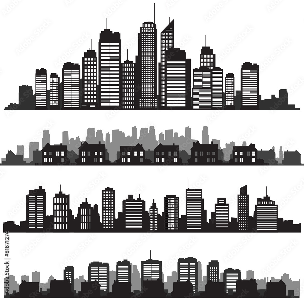 Set of vector cities silhouette and buildings