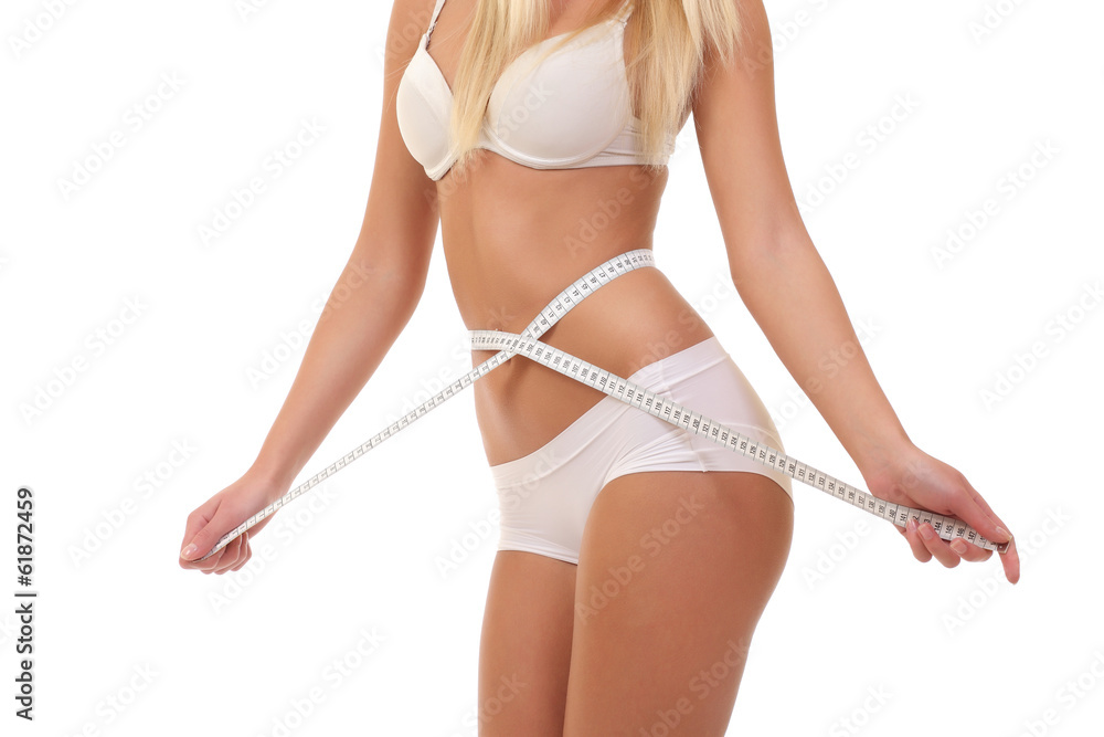 woman with measure tape on a white background
