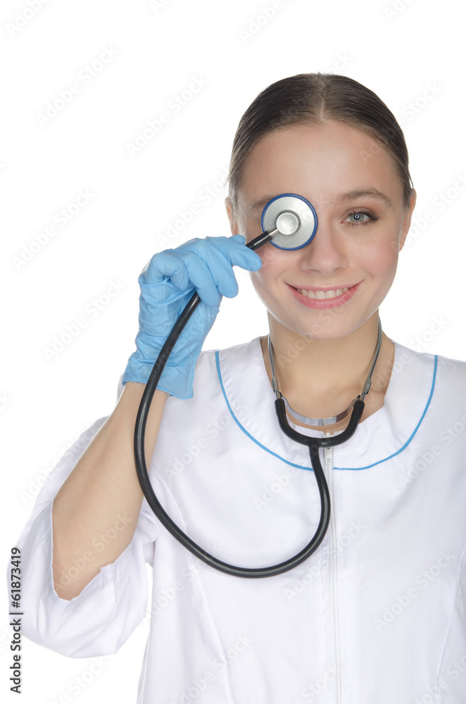 Doctor with stethoscope engaged selftreatment Doctor with stethoscope engaged selftreatment