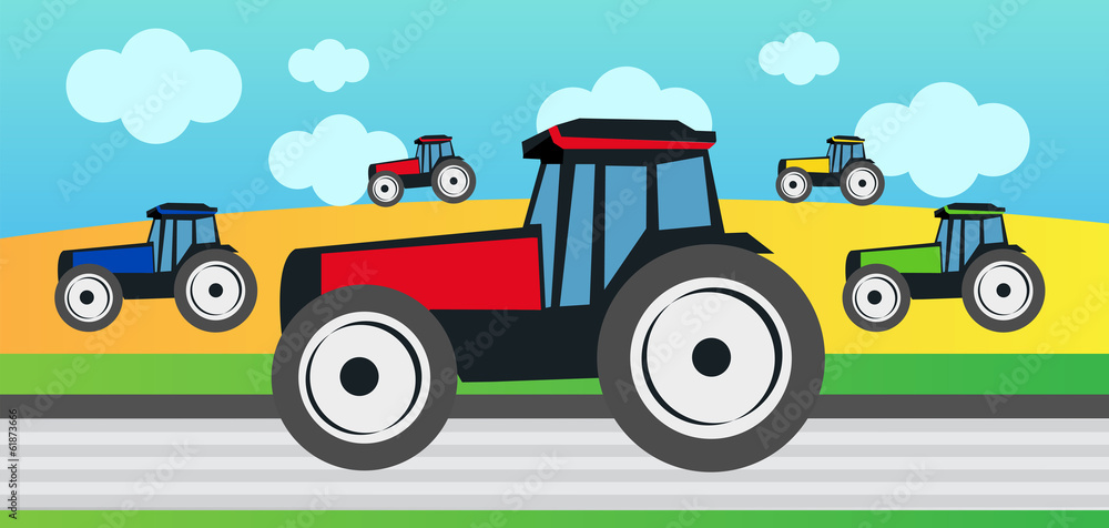 Naklejka premium Harvest and many tractors
