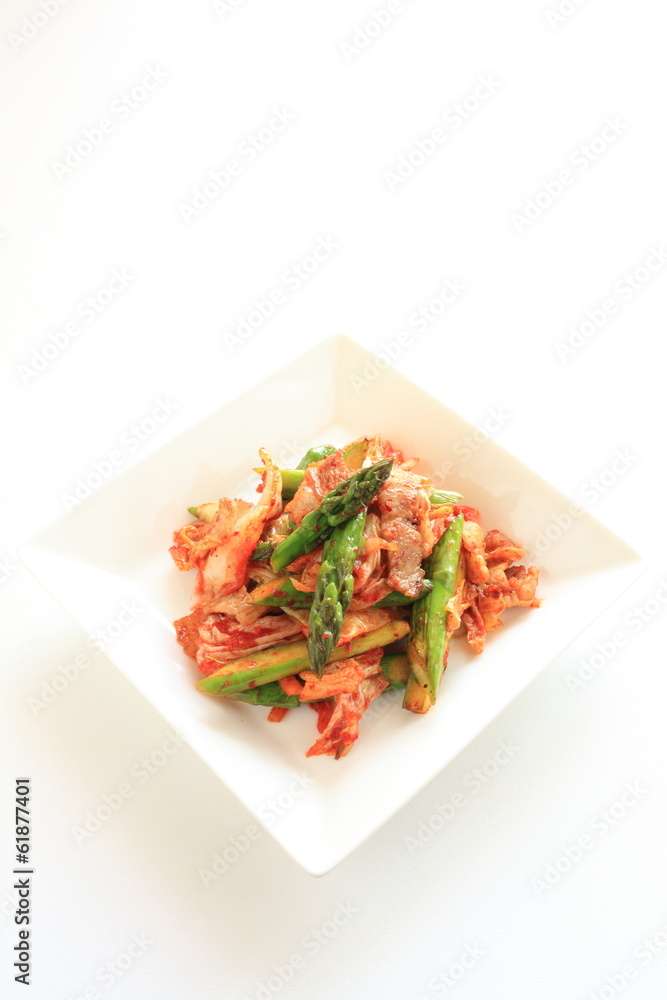 Korean food, Kimchi and pork stir fried with asparagus Korean food, Kimchi and pork stir fried with asparagus