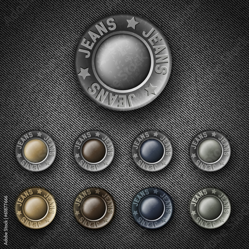 Set of сolorful metal button with inscription jeans, on denim