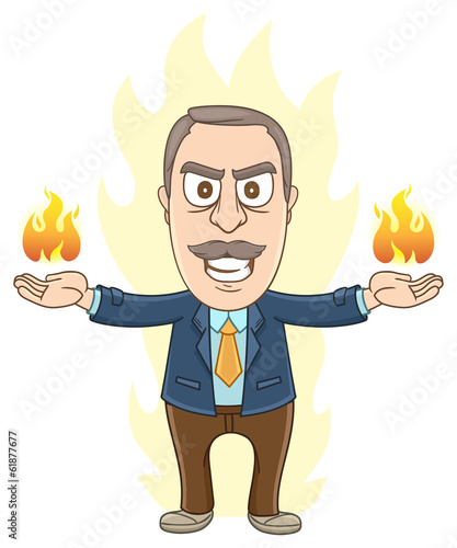 Businessman is in anger with fire on his hands