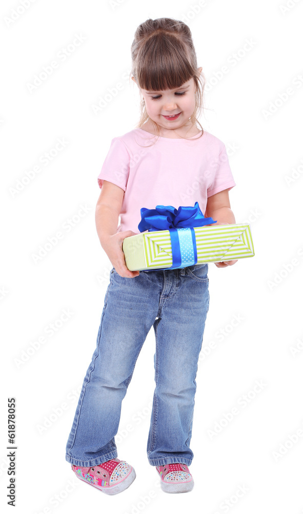 Pretty little girl holding present box isolated on white Pretty little girl holding present box isolated on white