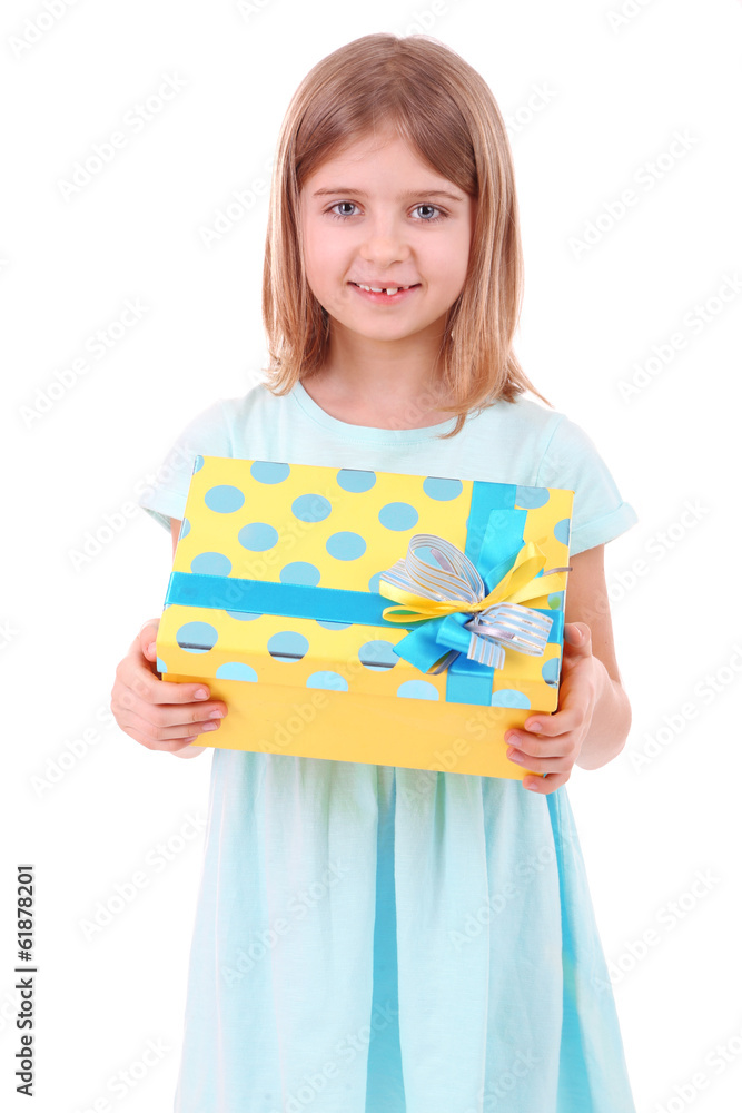 Beautiful little girl holding present box isolated on white Beautiful little girl holding present box isolated on white