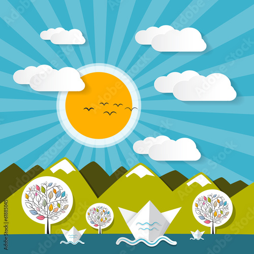 Vector Landscape Nature Paper Mountains and River Illustration