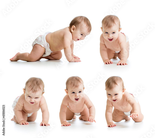 Set of crawling baby wearing diaper. Isolated on white bakground