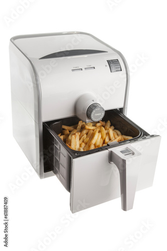 Isolate Electric fryer with full basket of french fries