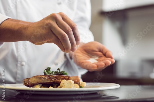 Closeup mid section of a chef putting salt