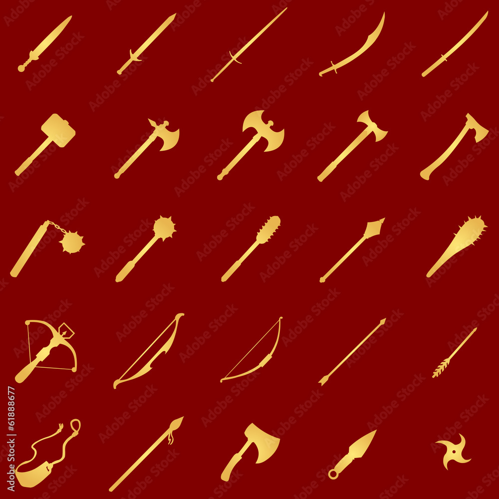 Vector set of 25 gold medieval weapon icons Vector set of 25 gold medieval weapon icons