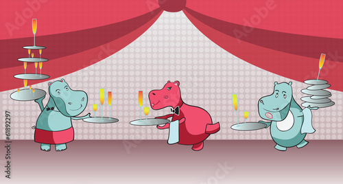 Waiter-hippo with a tray and glasses