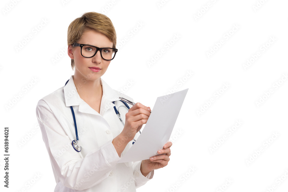 Serious healthcare female worker with documents. Serious healthcare female worker with documents.